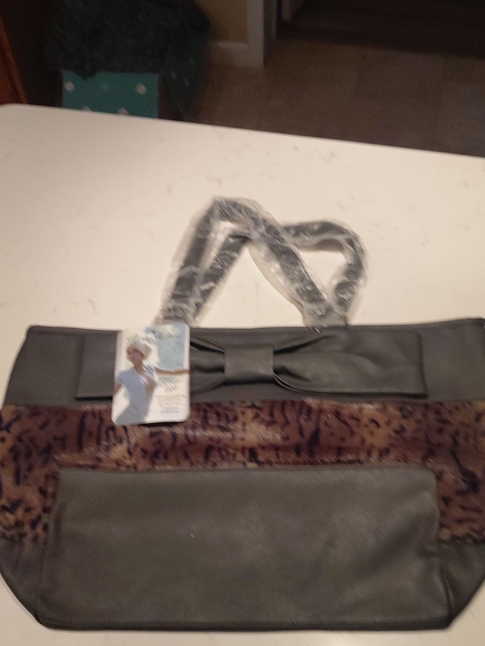 Paris Hilton Black and Brown Key & Card Holder Tote with Bow Accent